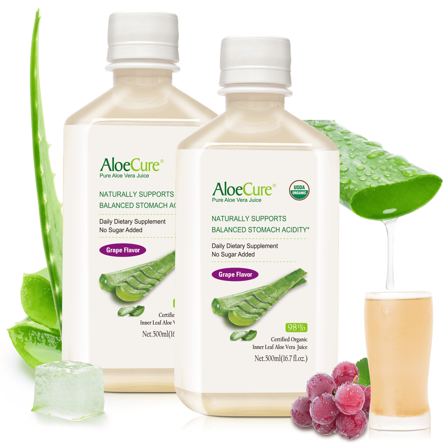 Pure Aloe Vera Juice Grape Flavor - USDA Certified Organic