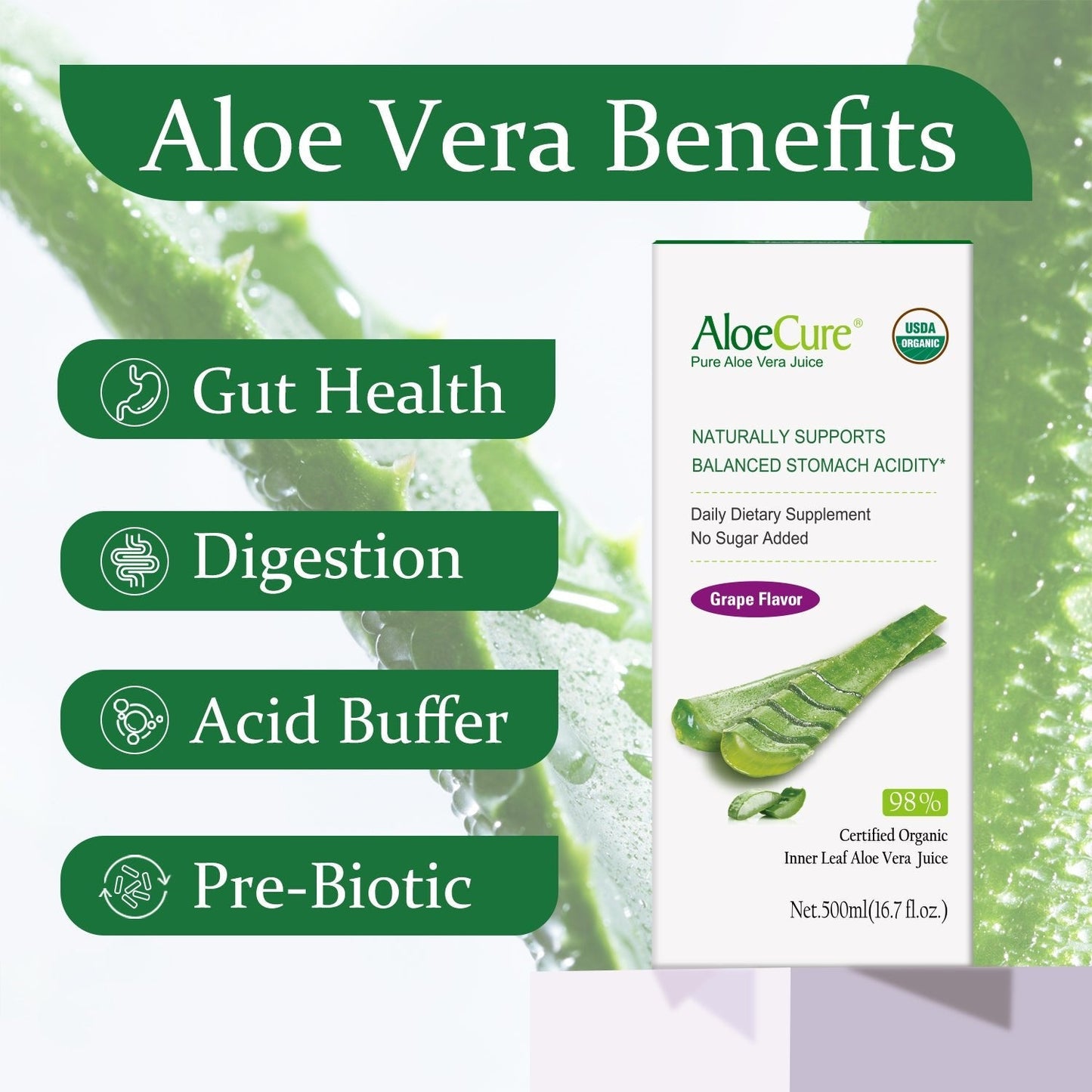 Pure Aloe Vera Juice Grape Flavor - USDA Certified Organic