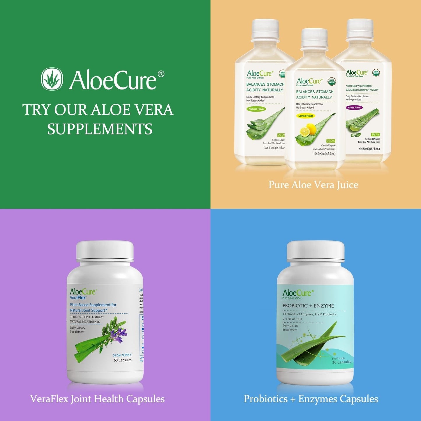 Pure Aloe Vera Juice Grape Flavor - USDA Certified Organic