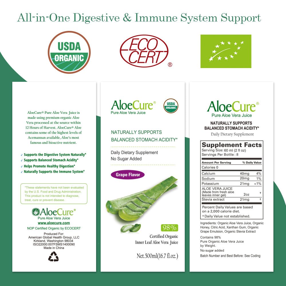 Pure Aloe Vera Juice Grape Flavor - USDA Certified Organic