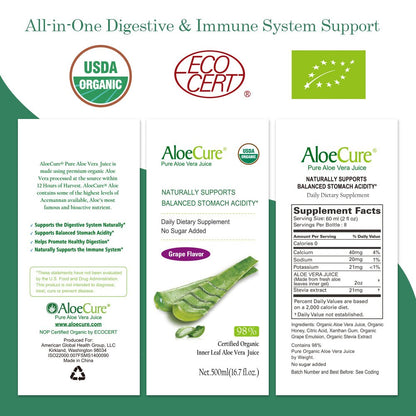 Pure Aloe Vera Juice Grape Flavor - USDA Certified Organic