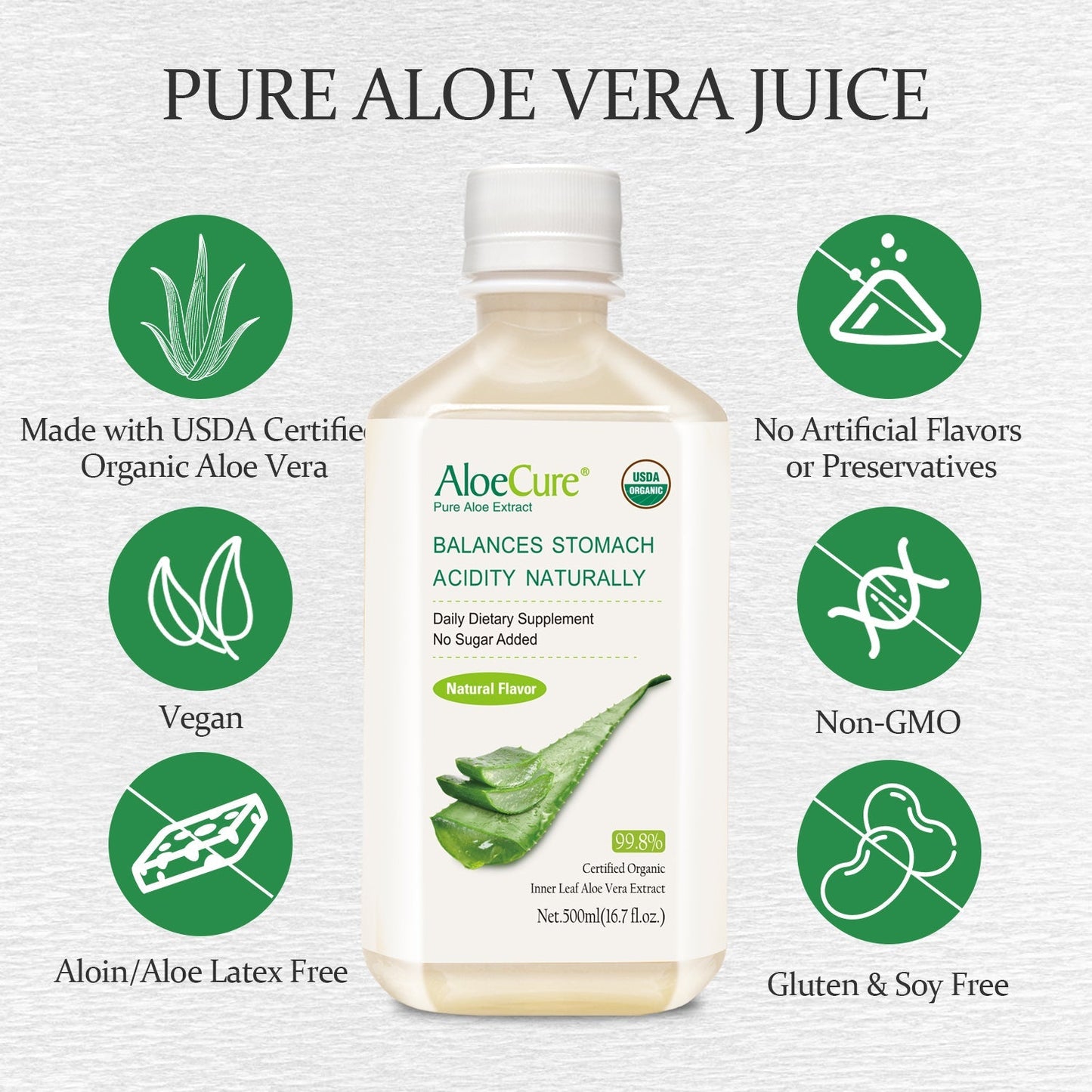 Pure Aloe Vera Juice Natural Flavor - USDA Certified Organic